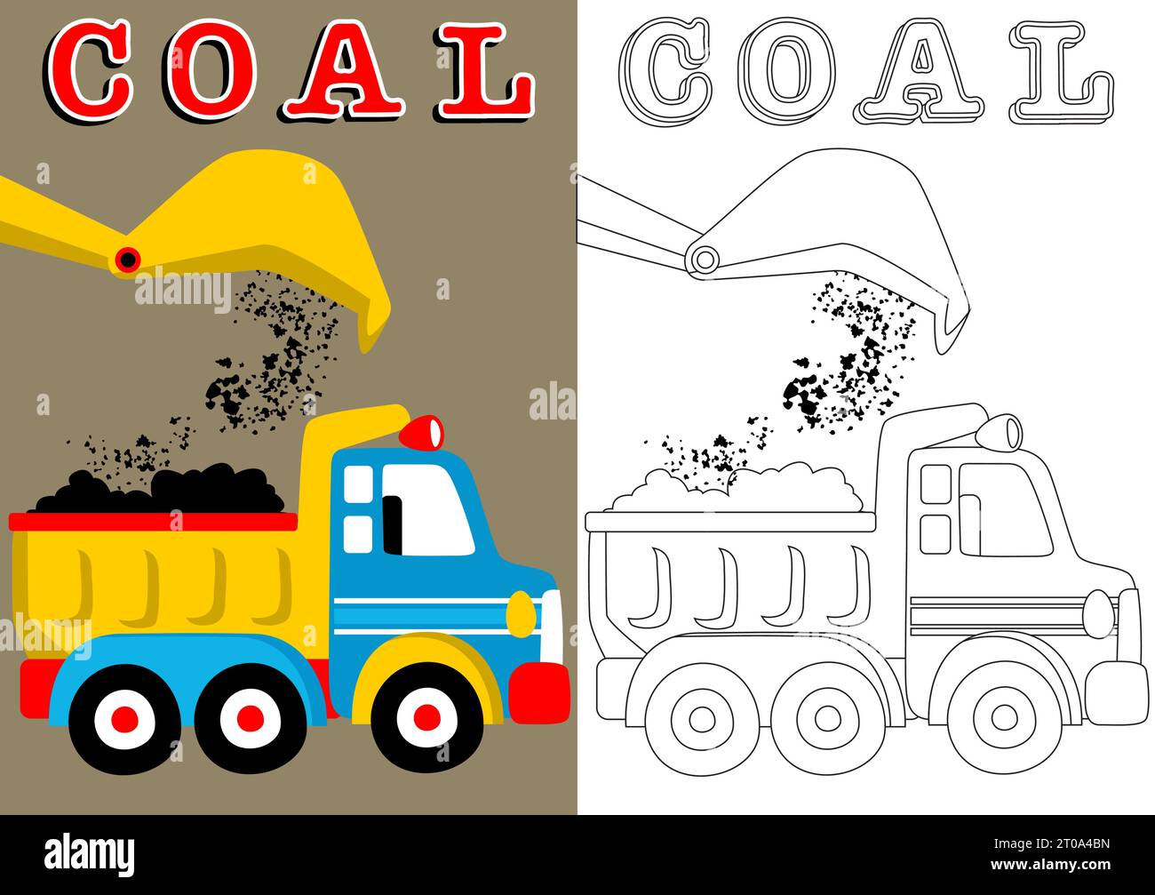 livre de coloriage de la page, camion à benne basculante avec machine à pelle de grue, dessin animé vectoriel Illustration de Vecteur