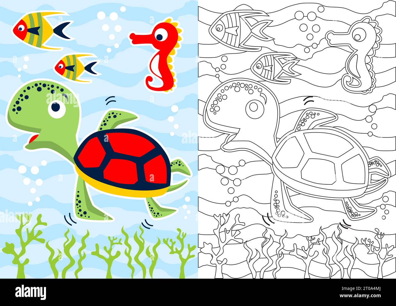livre de coloriage avec des animaux marins, tortue avec des poissons et hippocampe, illustration de dessin animé vectoriel Illustration de Vecteur