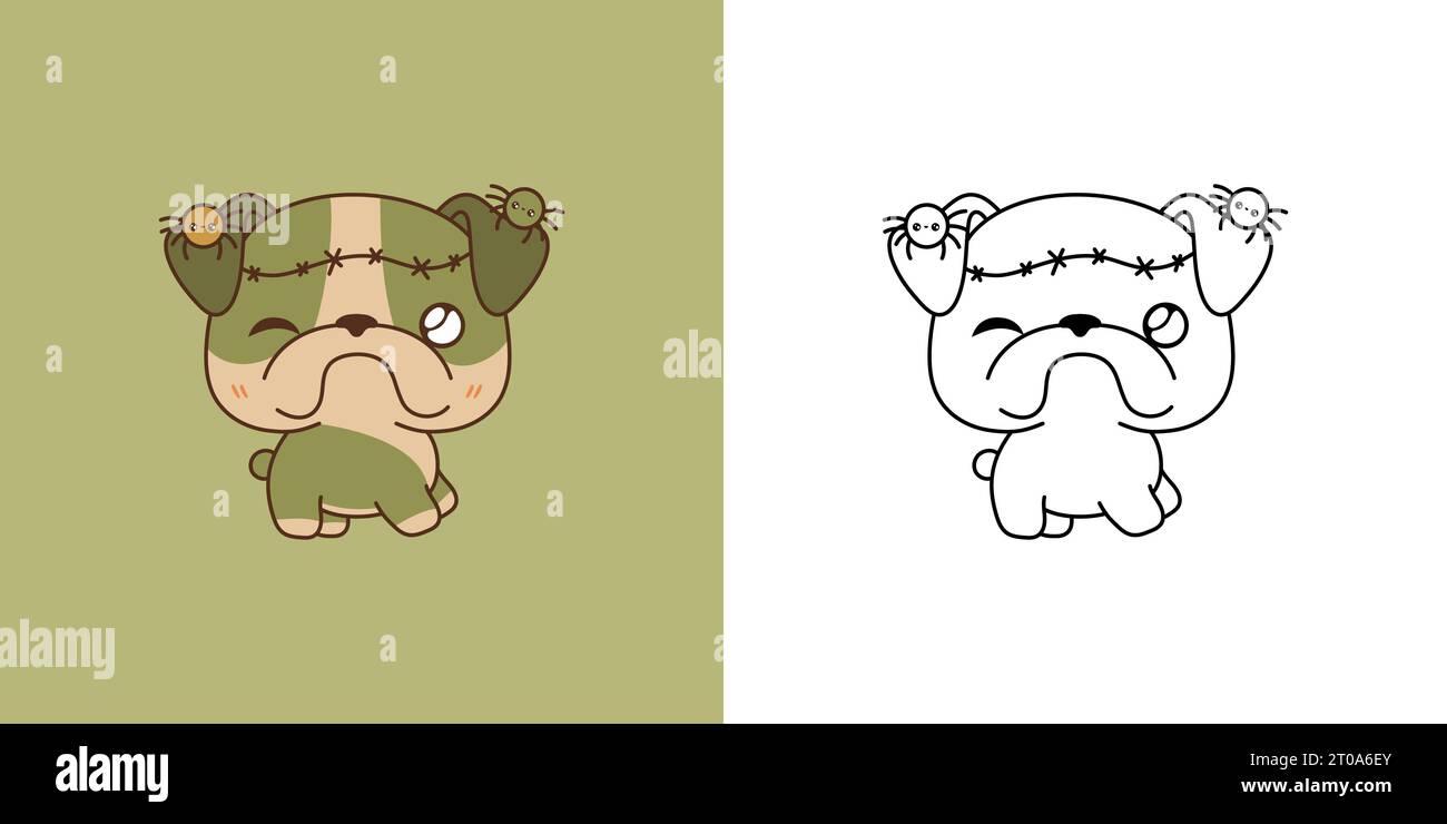 Kawaii Clipart Halloween Bulldog Dog Illustration et pour Coloriage page. Kawaii Halloween Puppy. Illustration de Vecteur
