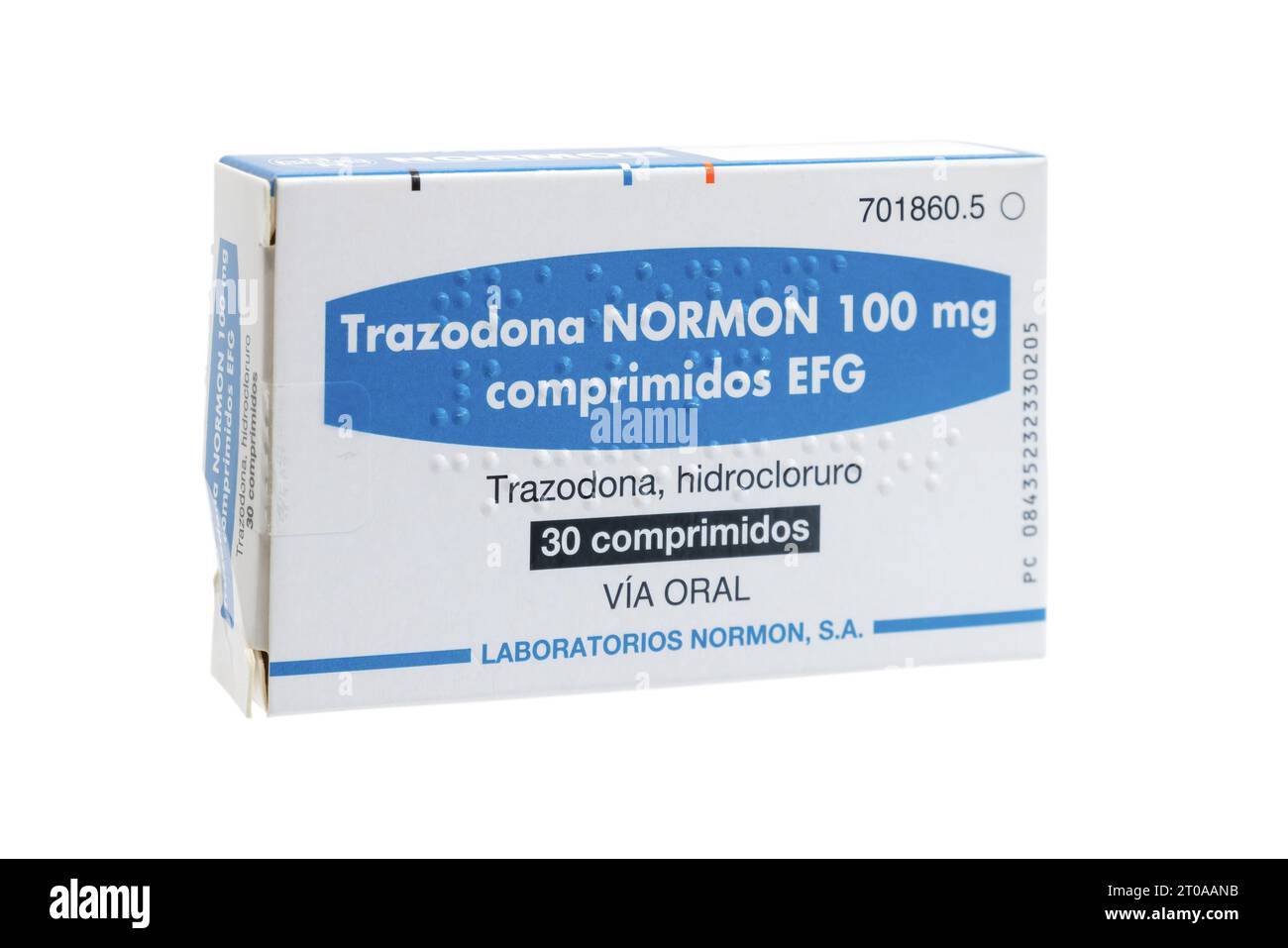 Huelva, Espagne - 25 septembre 2023 : une boîte espagnole de Trazodone, marque Normon, est un médicament antidépresseur utilisé pour traiter le trouble dépressif majeur, Banque D'Images