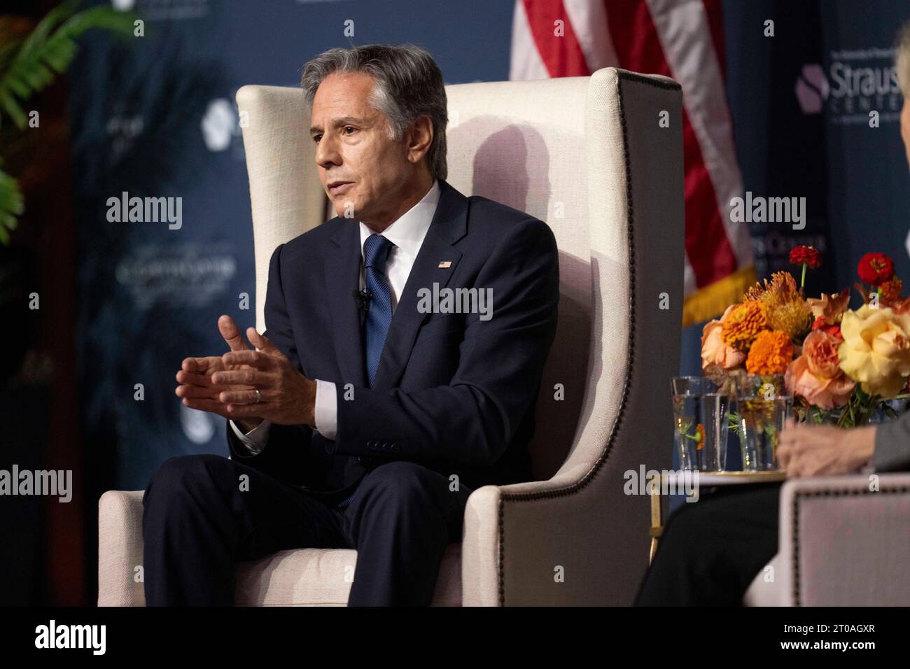 Austin Texas États-Unis, octobre 4 2023 : le secrétaire d'État américain ANTONY BLINKEN dirige une discussion sur la politique étrangère à l'auditorium Hogg de l'Université du Texas. ©Bob Daemmrich Banque D'Images