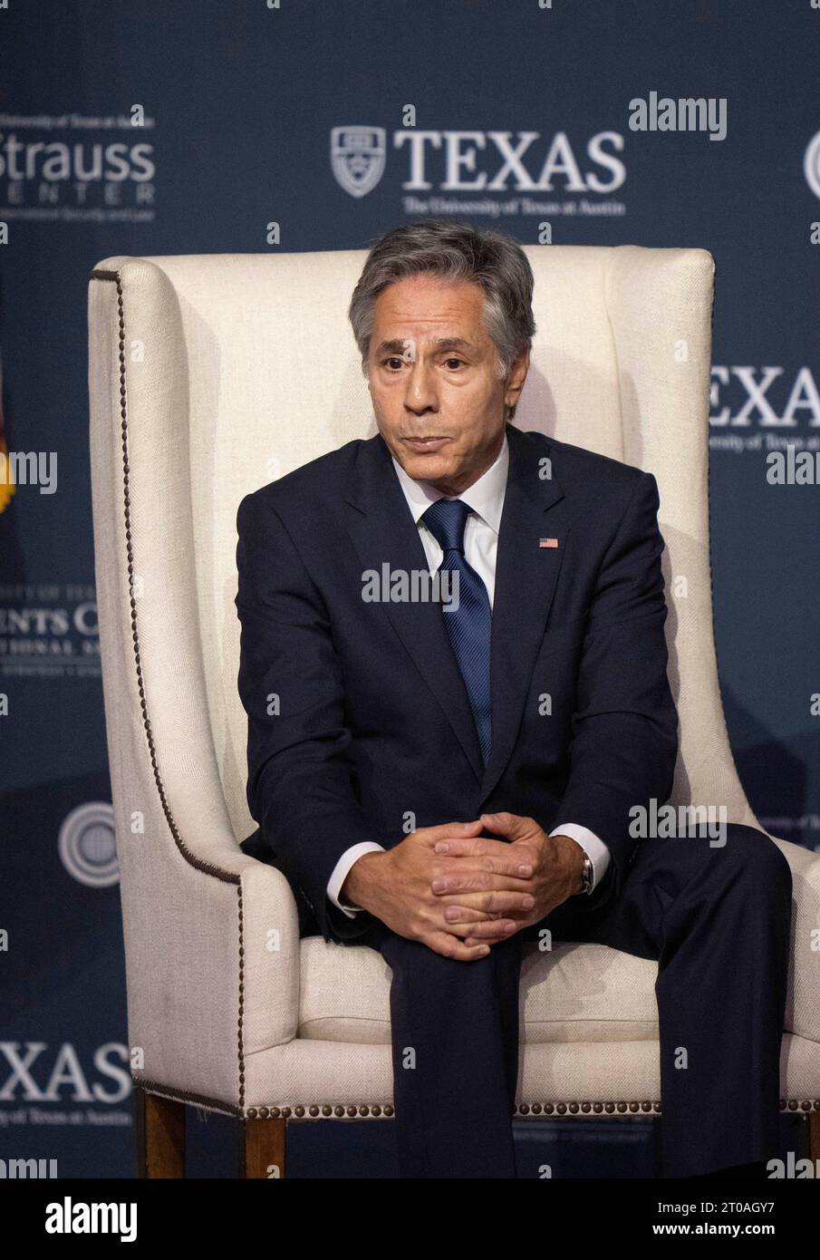 Austin Texas États-Unis, octobre 4 2023 : le secrétaire d'État américain ANTONY BLINKEN dirige une discussion sur la politique étrangère à l'auditorium Hogg de l'Université du Texas. ©Bob Daemmrich Banque D'Images