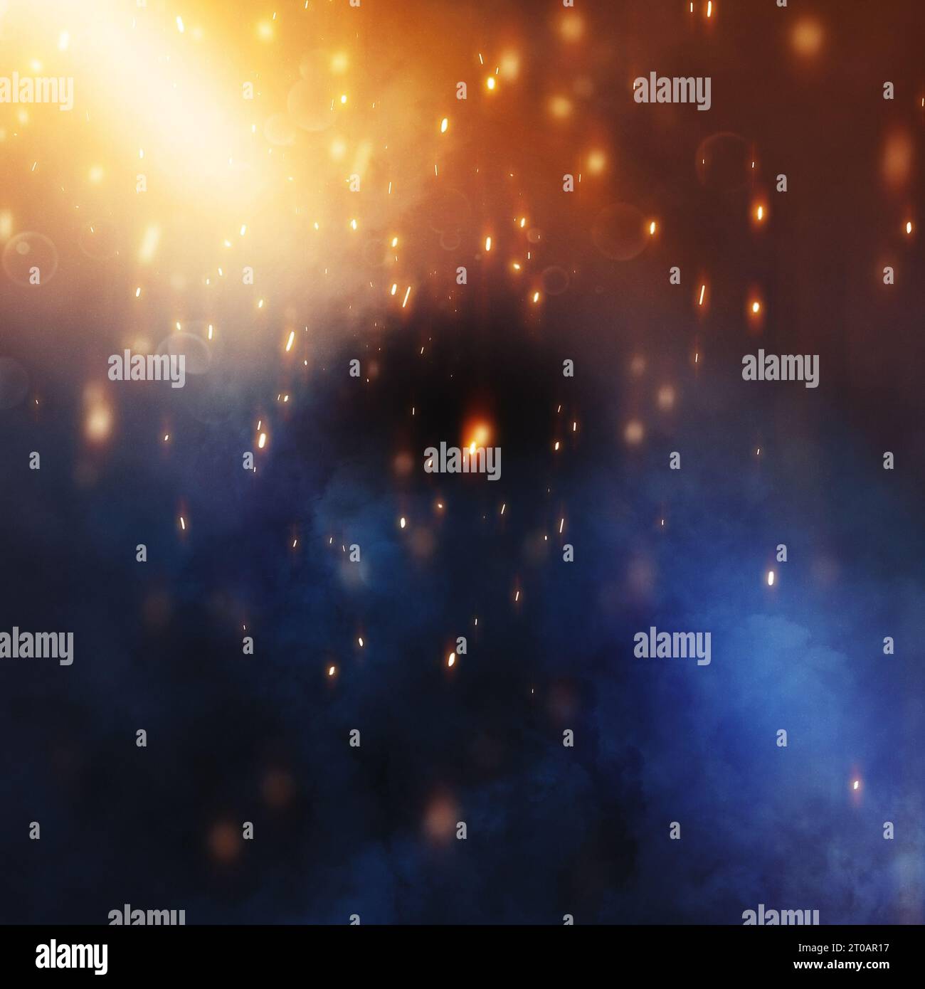 Le feu broie des particules sur fond noir. Fond d'étincelles de feu. Lumières abstraites à particules de feu scintillantes sombres. Banque D'Images