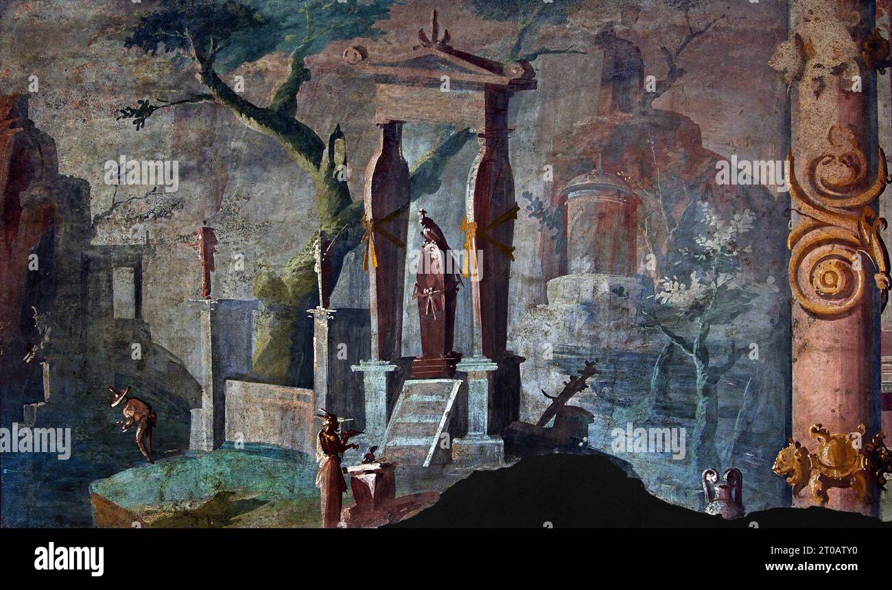 Époque romaine. Paysage avec cérémonie en l'honneur d'Osiris. L'Ekklesiasterion. Temple d'Isis. Fresque Pompéi Roman City est situé près de Naples dans la région Campanie en Italie. Pompéi a été enterré sous 4-6 m de cendres volcaniques et de ponce lors de l'éruption du Vésuve en 79. Italie Banque D'Images