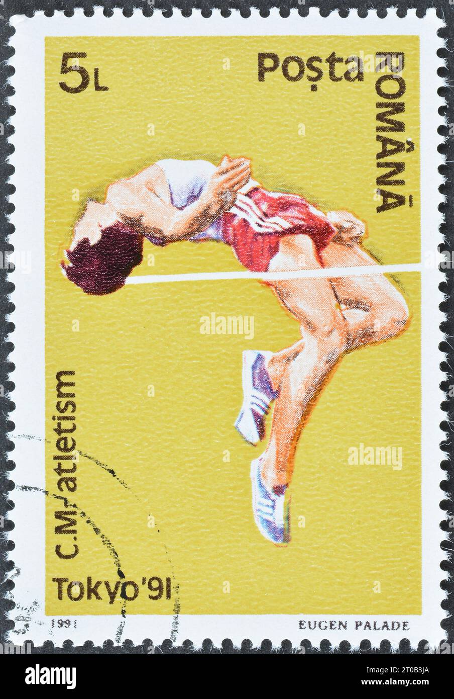 Timbre-poste annulé imprimé par la Roumanie, qui montre le saut en hauteur, Championnats du monde d'athlétisme, Tokyo, vers 1991. Banque D'Images