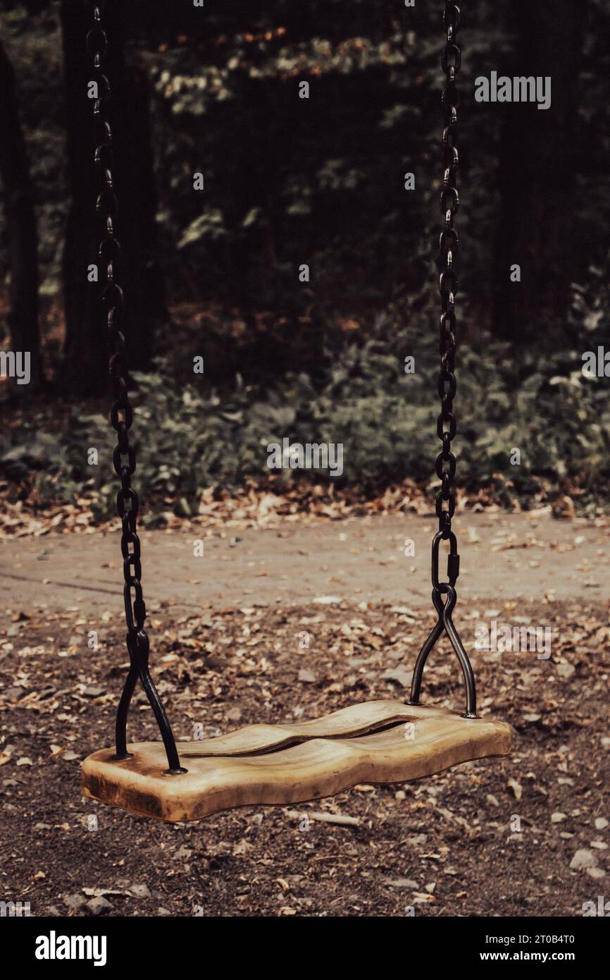 Balançoire vide sur le terrain de jeu. Ancienne aire de jeux abandonnée dans la forêt. Endroit calme et effrayant. L'horreur saute sans enfants. Concept de dépression automnale. Banque D'Images