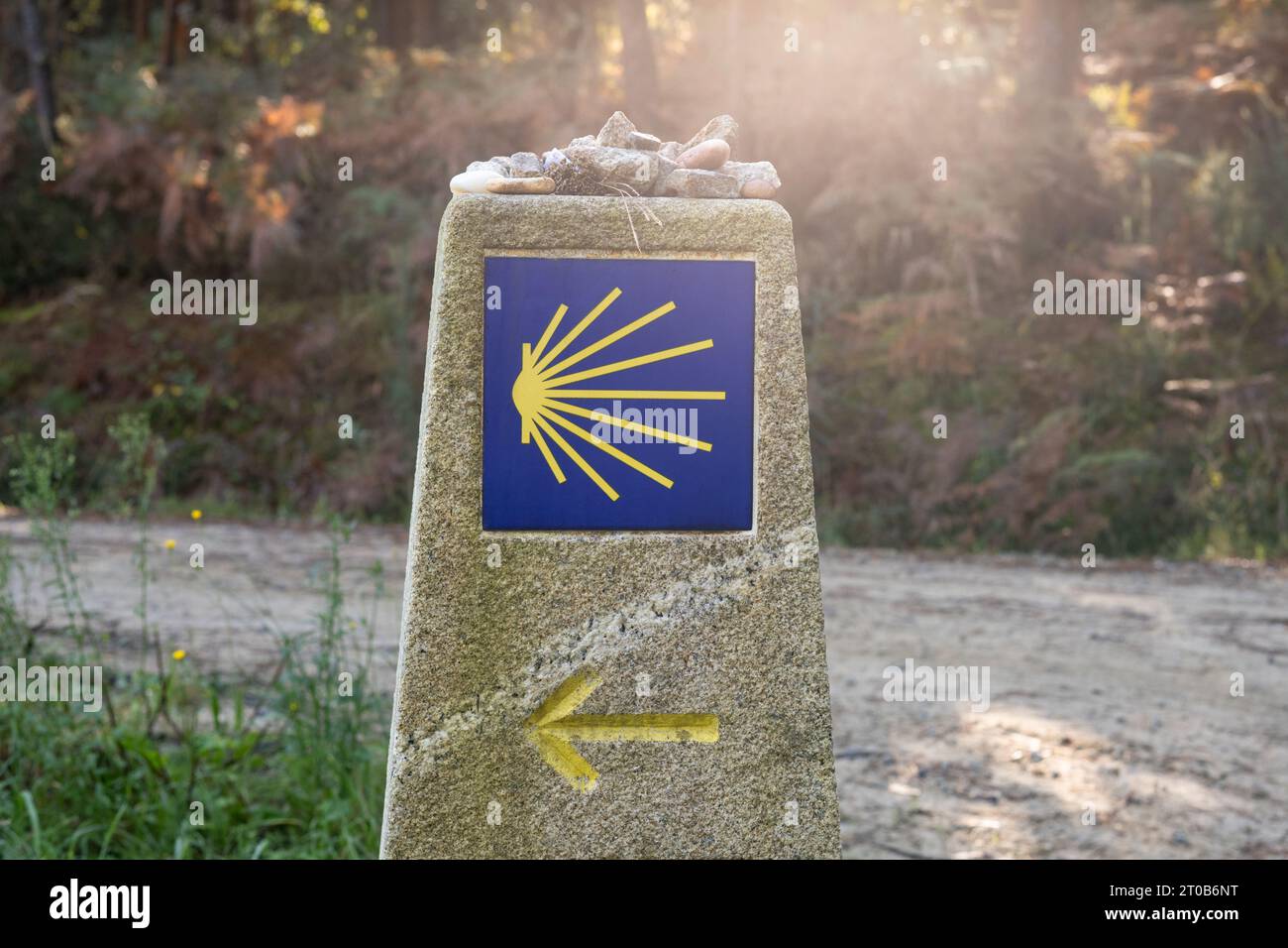 Camino de Santiaga Mile Marker, Portuguese Way (Camino Portugues) Galice, Espagne Banque D'Images