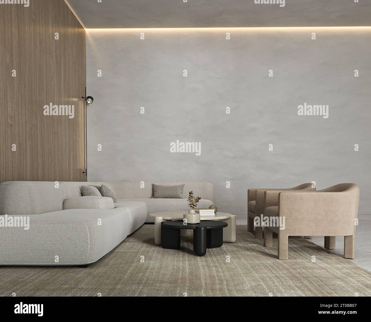 Salon minimaliste gris avec grand canapé modulable, fauteuils et fond de plafond éclairé. Vue sur la nature japonaise moderne et lumineuse. rendu 3d. Elevé Banque D'Images