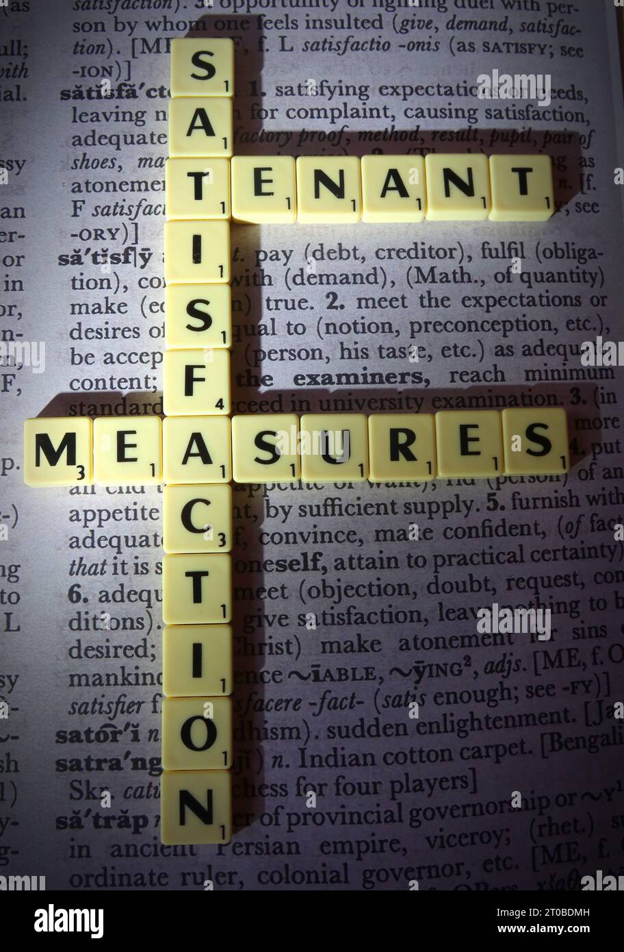 RSH mesures de satisfaction des locataires, TSM Standard, en lettres scrabble, sur la définition du dictionnaire Banque D'Images