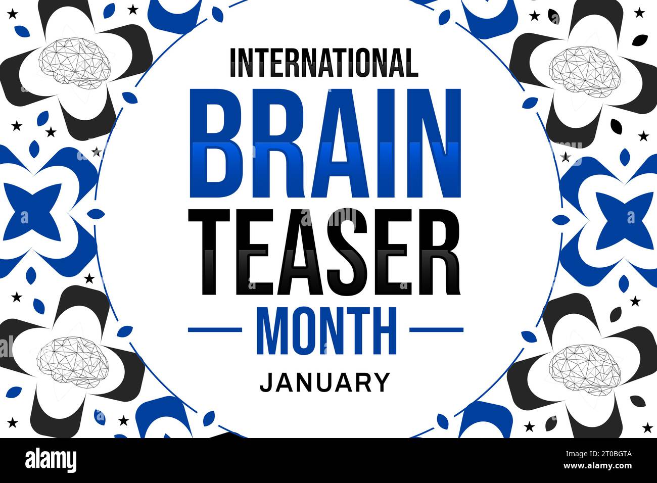 Janvier est le mois international du Brain Teaser, design de fond avec des formes bleues colorées et typographie Banque D'Images