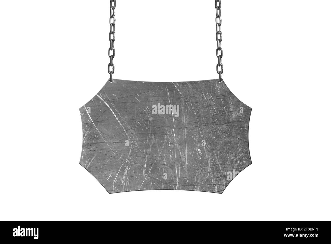 Une enseigne métallique accrochée sur la chaîne sur fond blanc. Espace pour le texte Banque D'Images