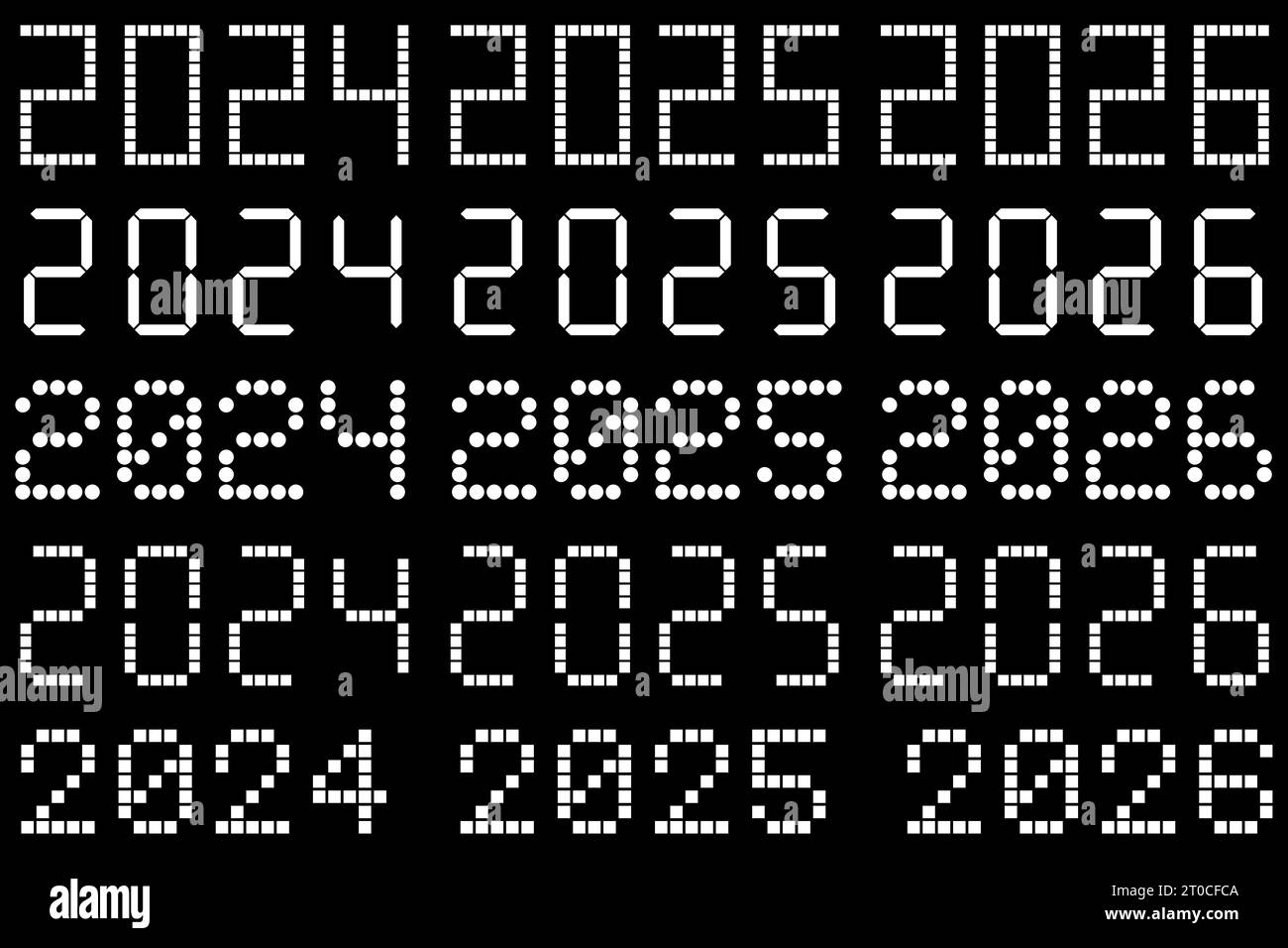 Bonne année 2024, 2025, 2026 illustration sur fond noir Banque D'Images