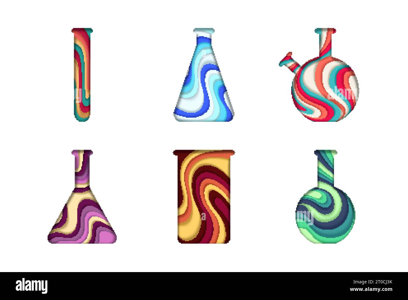 Ensemble tube à essai et flacon de style papier découpé en couches, illustration vectorielle isolée sur fond blanc. Verrerie de laboratoire chimique, papier art moderne cra Illustration de Vecteur