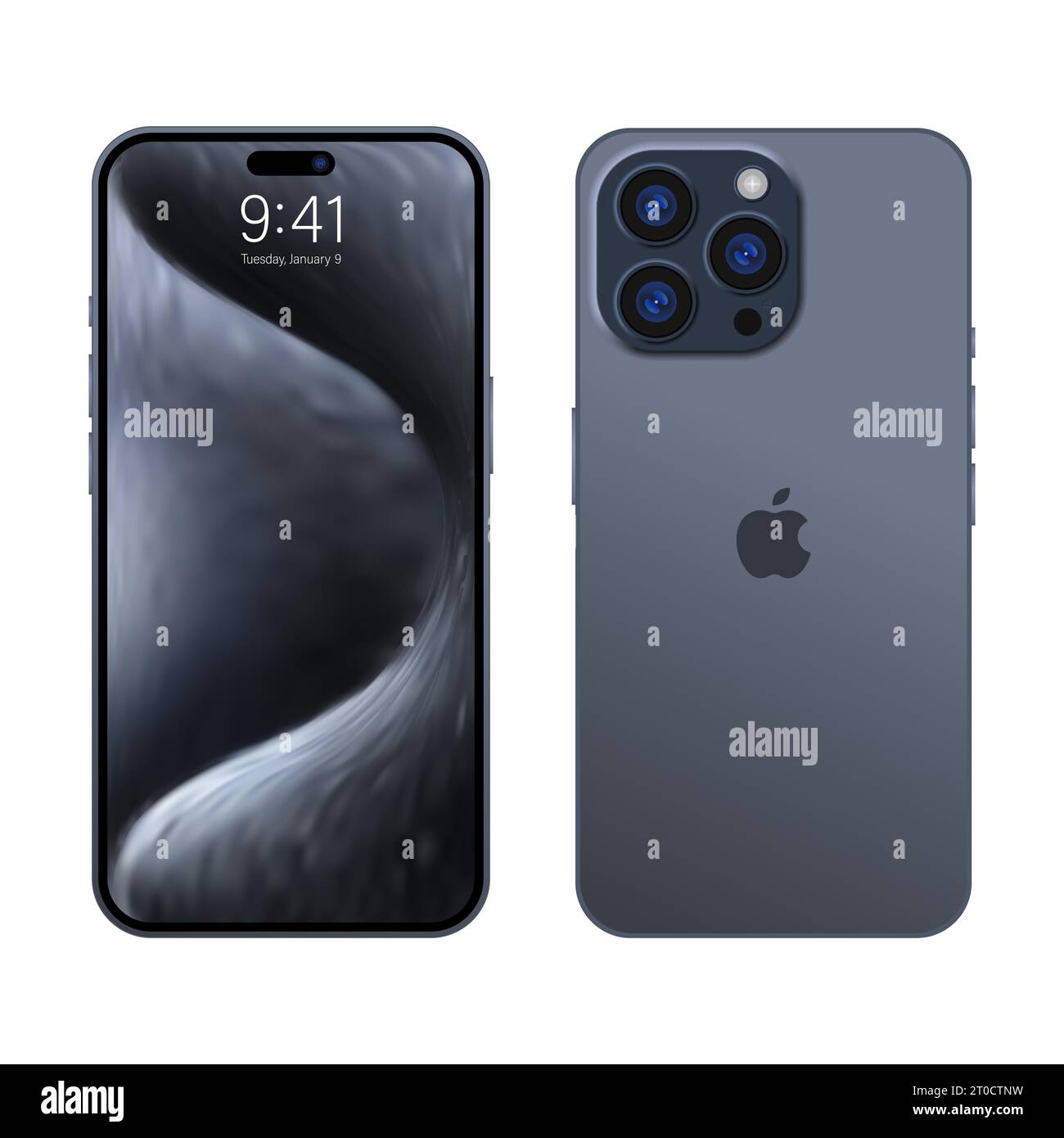 Nouveau iPhone 15 pro, pro max gris foncé bleu ou par Apple Inc. iphone à écran modèle et iphone arrière. Haute qualité. Présentation officielle. Éditorial Illustration de Vecteur