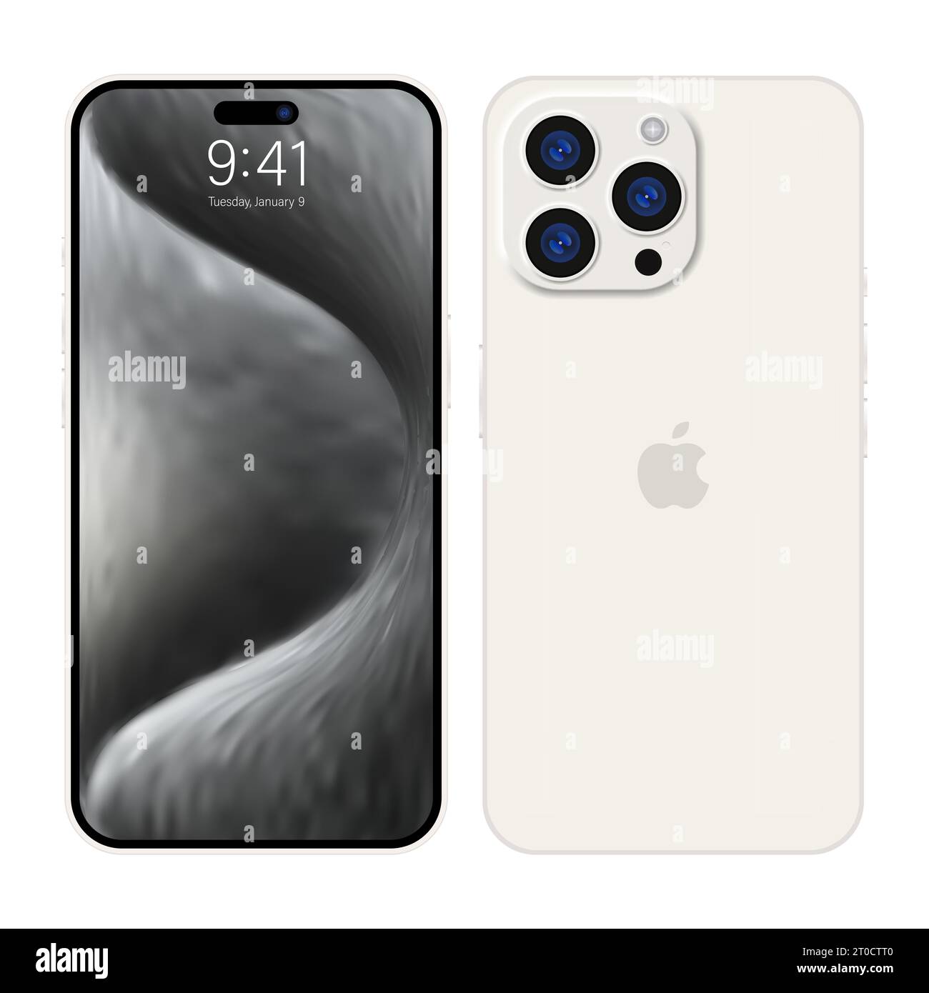 Nouveau iPhone 15 pro, pro max couleur blanc profond par Apple Inc. iphone à écran modèle et iphone arrière. Haute qualité. Présentation officielle. Éditorial Illustration de Vecteur