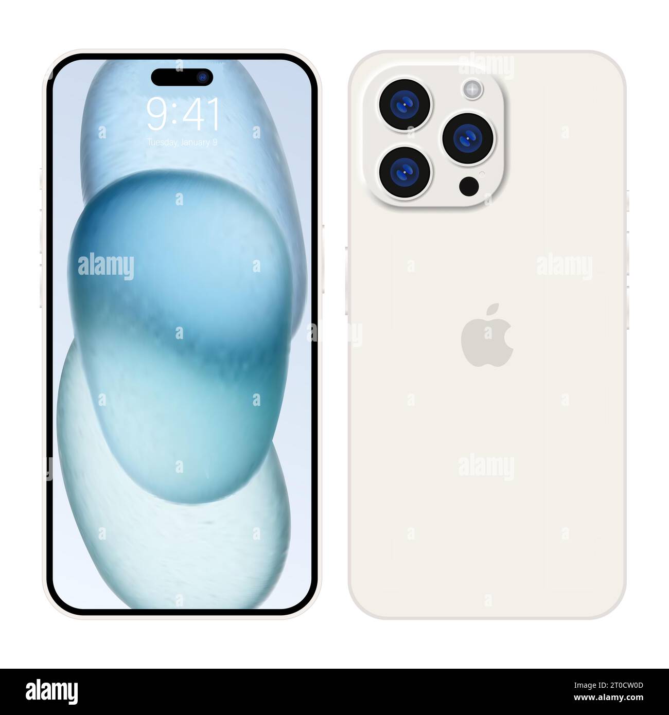 Nouveau iPhone 15 pro, pro max couleur blanc profond par Apple Inc. iphone à écran modèle et iphone arrière. Haute qualité. Présentation officielle. Éditorial Illustration de Vecteur