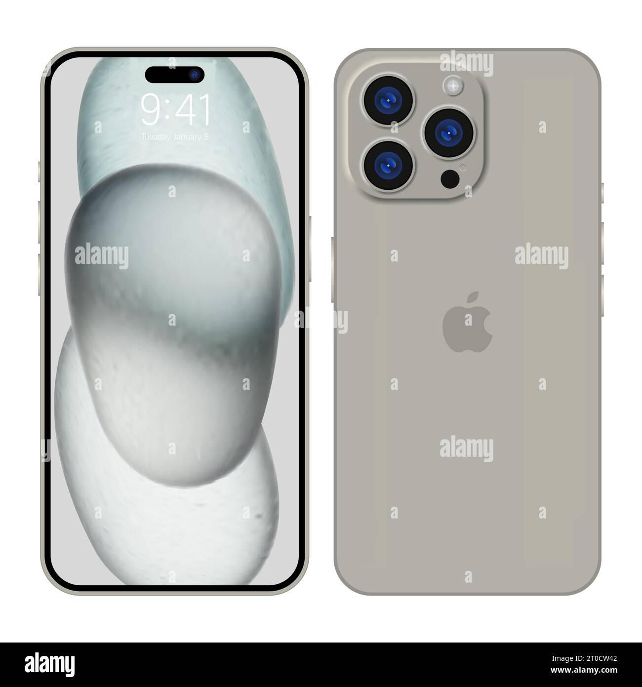 Nouveau iPhone 15 pro, pro max couleur gris foncé par Apple Inc. iphone à écran modèle et iphone arrière. Haute qualité. Présentation officielle. Éditorial Illustration de Vecteur