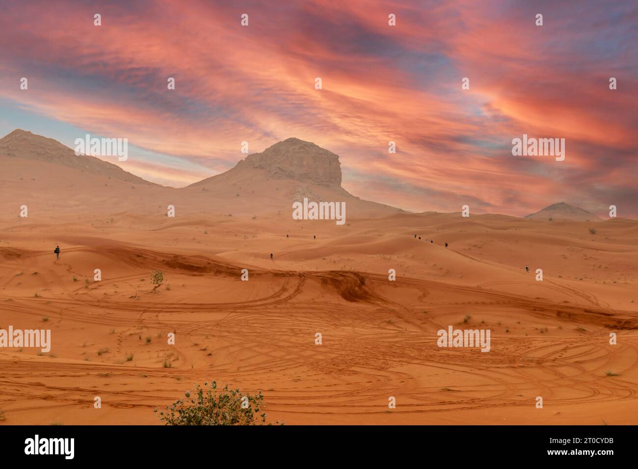 Vue imprenable sur le désert et les dunes de Dubaï. Des gens marchant tôt le matin dans le désert Banque D'Images
