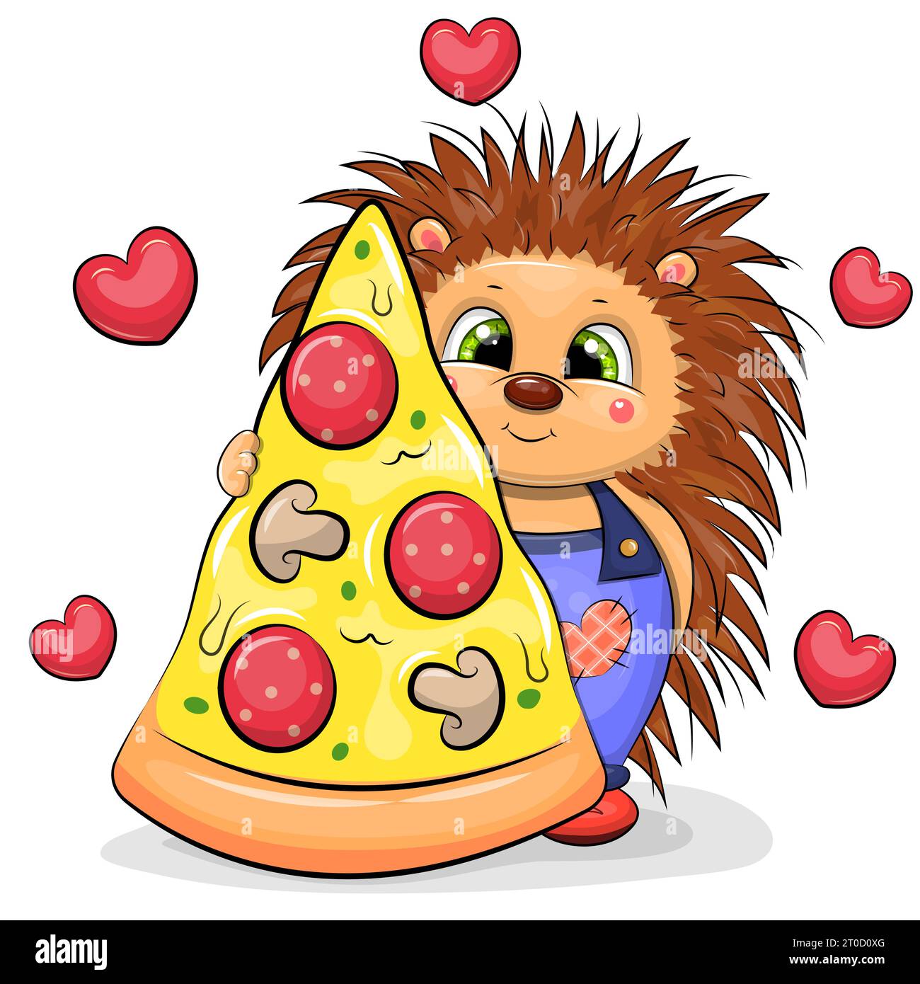 Mignon hedgehod de dessin animé avec un grand morceau de pizza. Illustration vectorielle d'un animal sur un fond blanc avec des coeurs rouges. Illustration de Vecteur