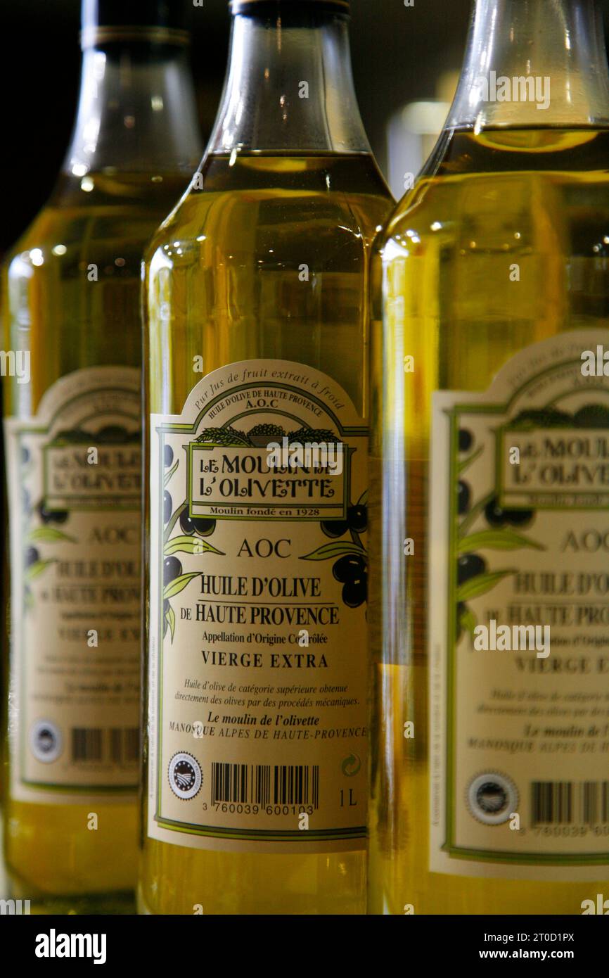 L'huile d'olive du moulin de l'Olivette, Manosque, Provence, France. Banque D'Images