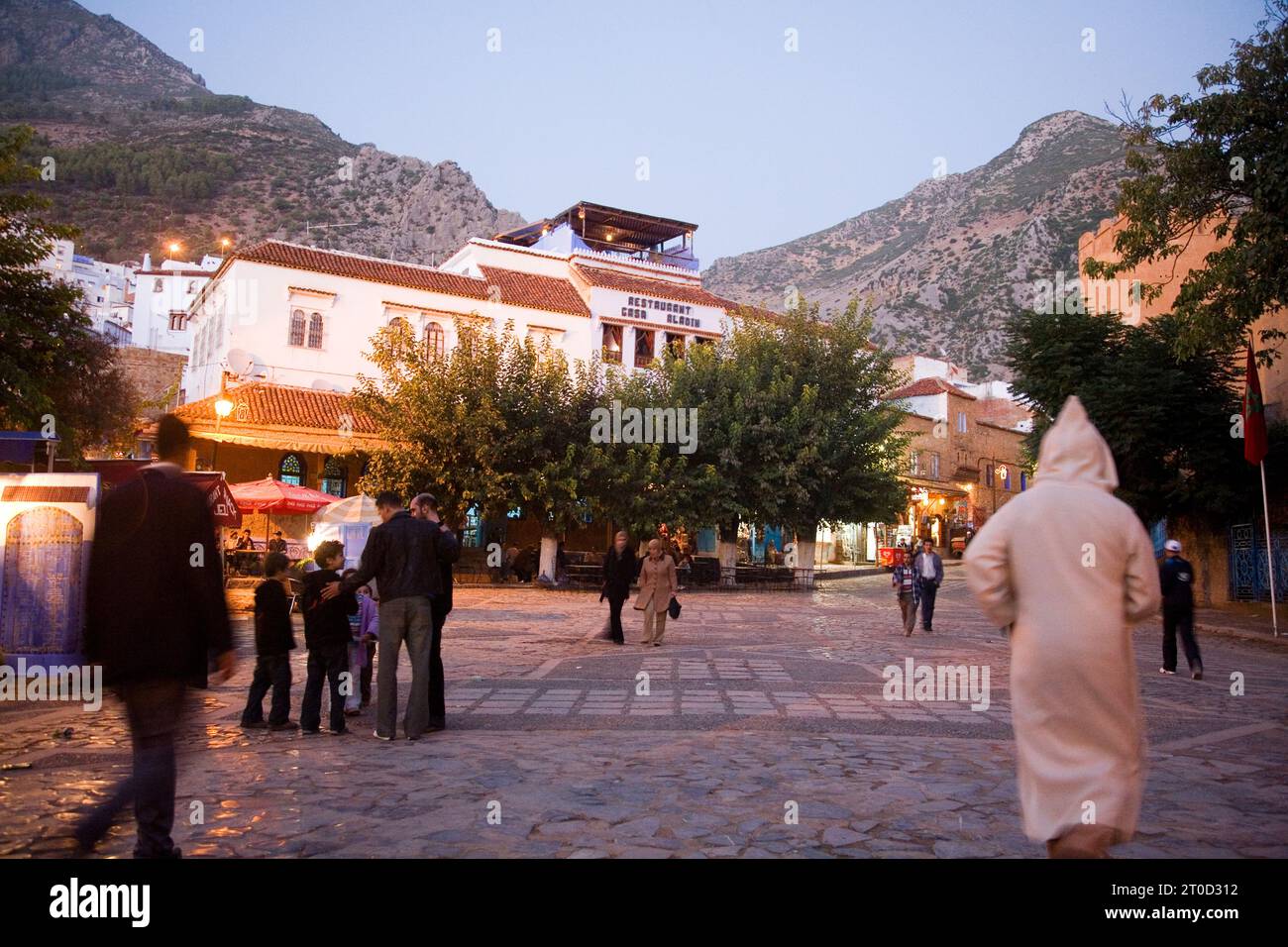 Plaza uta el hammam Square, Chefchaouen, région montagneuse du RIF, Maroc. Banque D'Images