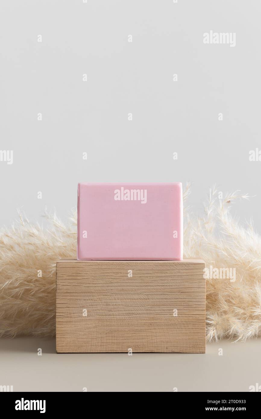 Maquette de savon rose doux avec une décoration de pampas. Banque D'Images