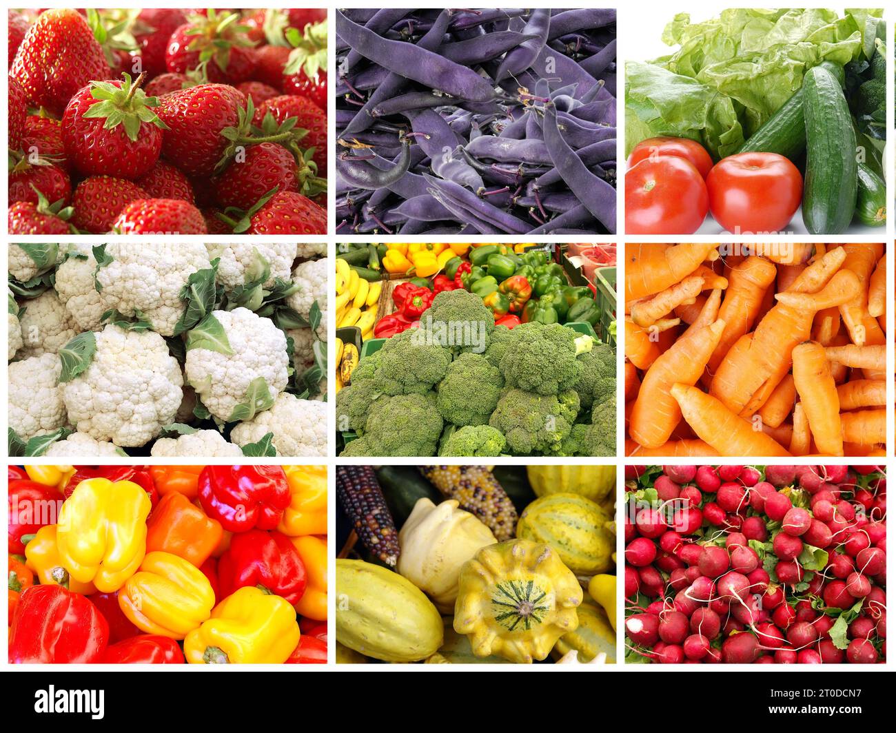 Collage de diverses images de produits locaux mettant en vedette des fruits et légumes frais biologiques comme des fraises, du paprika, du raifort colifleur, du haricot violet Banque D'Images