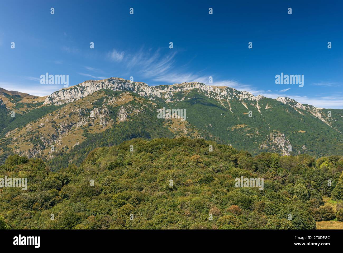 Montagne de Baldo (Monte Baldo) en été, côté est, vu depuis le petit village de Ferrara di Monte Baldo, province de Vérone. Vallée de l'Adige, Italie, Europe Banque D'Images