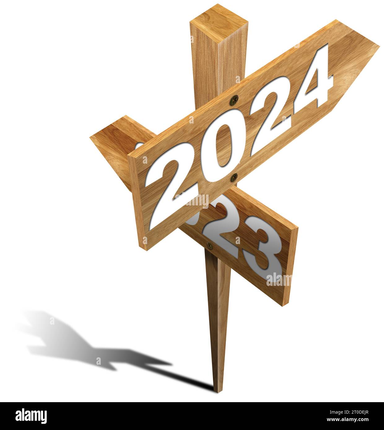 Deux panneaux directionnels en bois avec les années 2023 et 2024 isolés