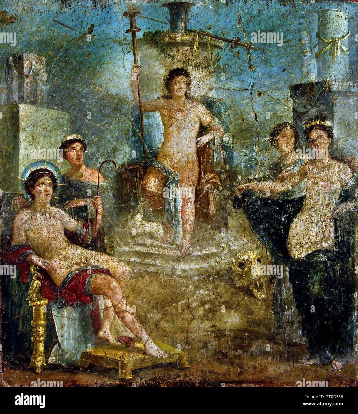 Un concours entre Vénus et Hesperus. Apollo assis comme juge. Maison du Gaius Rufus. Pompeii Fresco Pompeii Roman City est situé près de Naples dans la région Campanie en Italie. Pompéi a été enterré sous 4-6 m de cendres volcaniques et de ponce lors de l'éruption du Vésuve en 79. Italie Banque D'Images