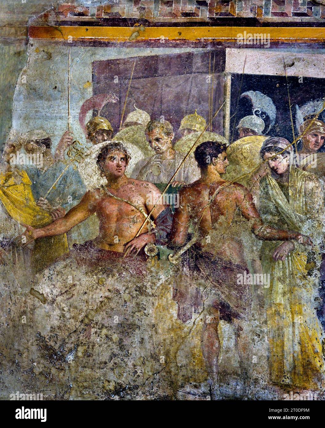 La reddition d'Achille de Briseis à Agamemnon, (Troie) de la Maison du poète tragique Fresco Pompéi ville romaine est située près de Naples dans la région Campanie de l'Italie. Pompéi a été enterré sous 4-6 m de cendres volcaniques et de ponce lors de l'éruption du Vésuve en 79. Italie Achille est forcé de céder Briseis, le prisonnier dont il était tombé amoureux, à Agamemnon, après que Agamemnon ait dû rendre Chryseis à son père, Chryses, le prêtre d'Apollon. Maison du poète tragique. Banque D'Images