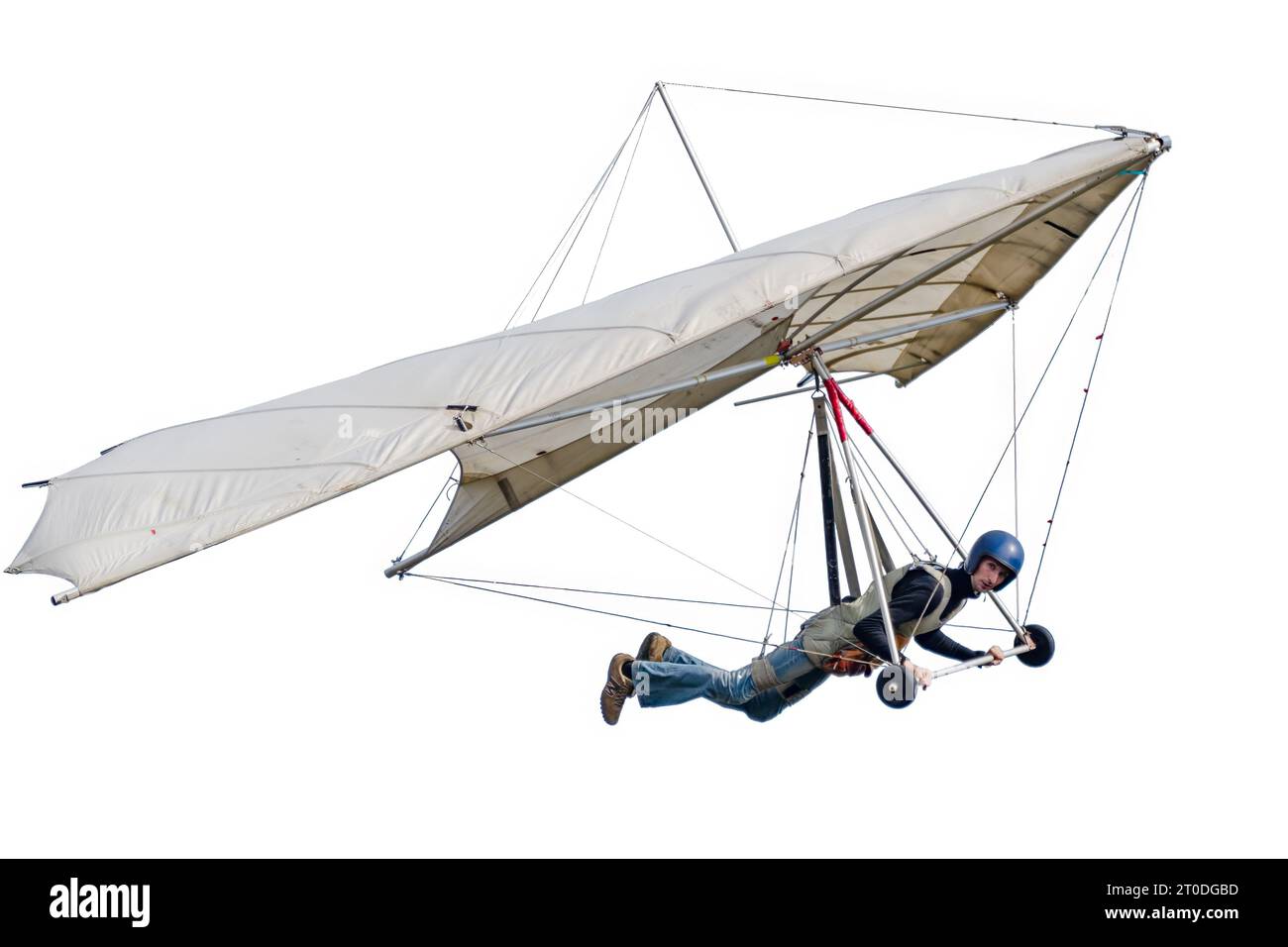 Vieille aile de kite de deltaplane vintage avec pilote isolé sur blanc Banque D'Images