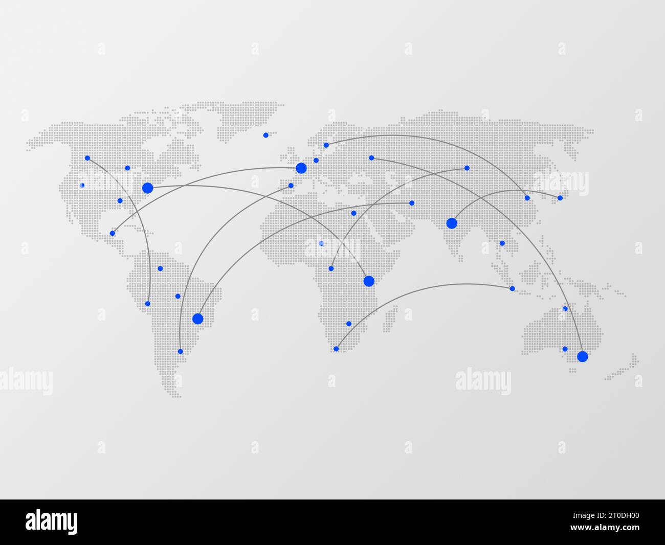 Carte du monde en demi-teinte grise pointillée avec des lignes courbes ou des trajectoires de vol reliant des points bleus comme des villes. Illustration conceptuelle des communications mondiales et tr Banque D'Images