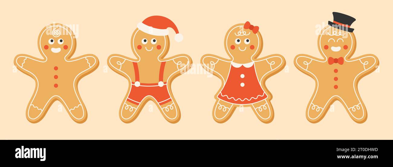 Collection de xmas pain d'épice homme et femme dans le style plat. Biscuits et bonbons maison de Noël. Illustration vectorielle Illustration de Vecteur