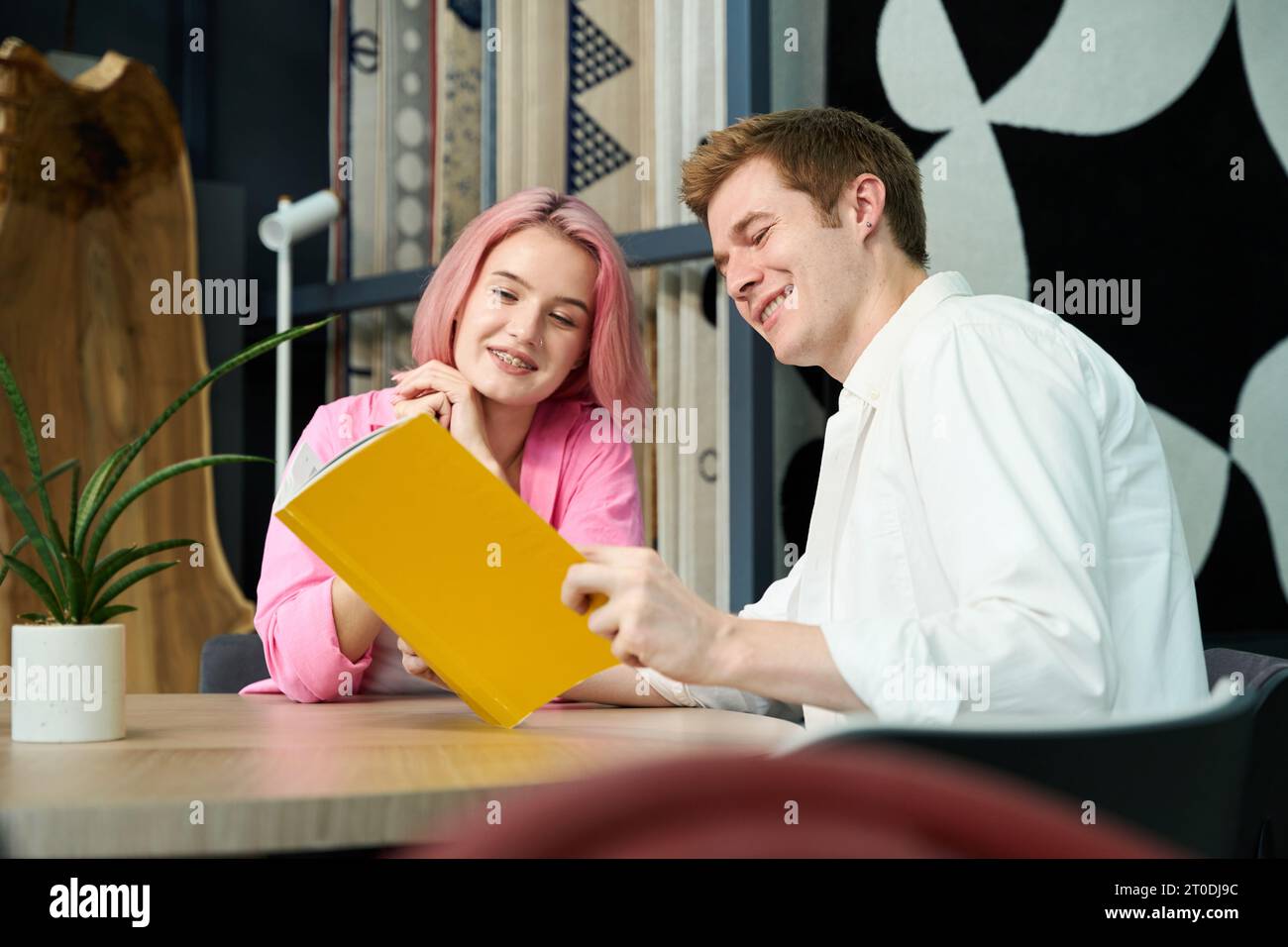 Jeune couple choisit des articles d'intérieur à partir d'un catalogue Banque D'Images