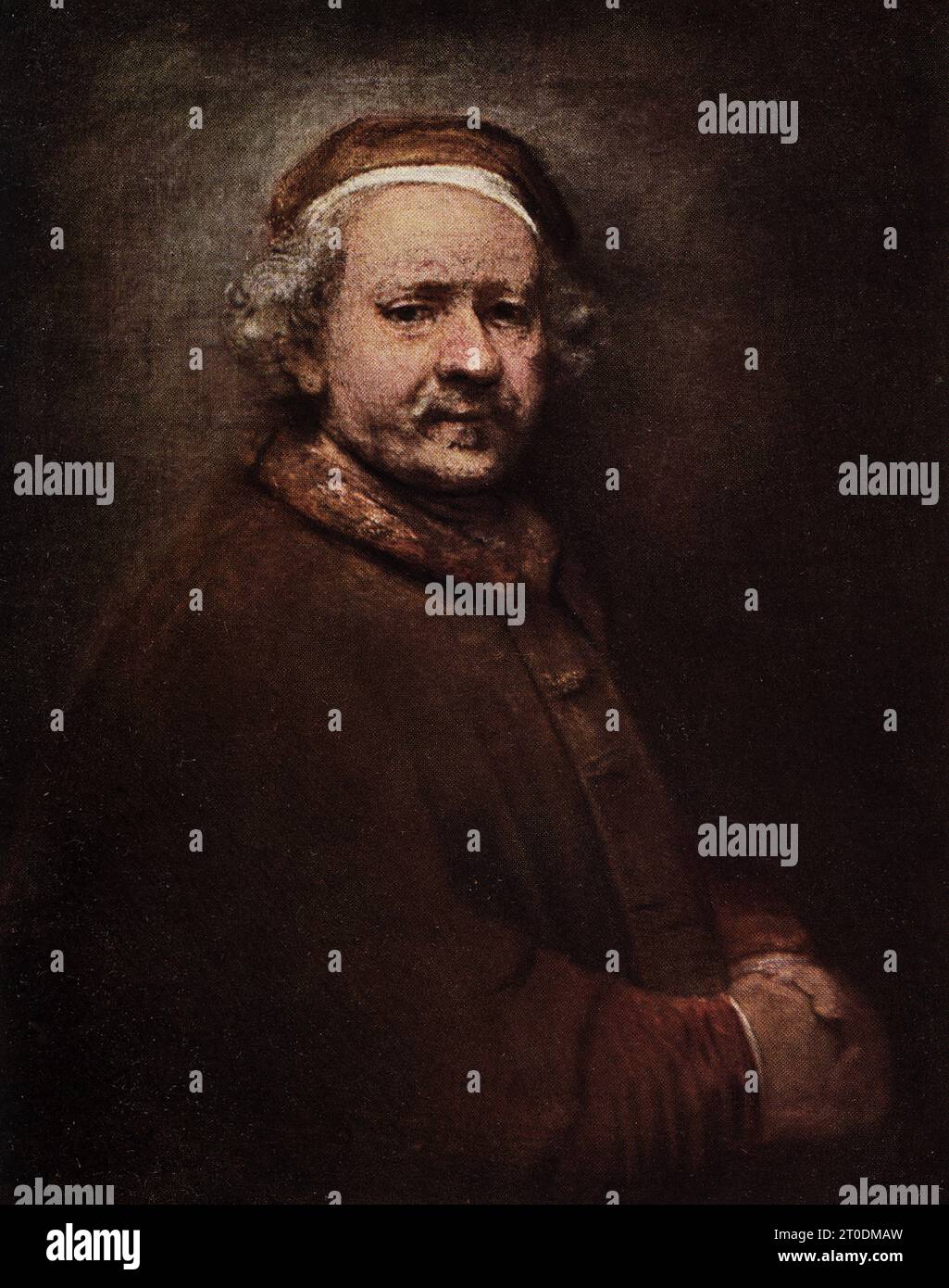 La légende de 1916 se lit comme suit: "Rembrandt 1606-1669 École néerlandaise de mnsterdam-Rembrandt dans la vieillesse. Galerie nationale. Peint vers 1659. dans l'huile sur toile. 2 pi 9 in h x 2 pi 3,5 in w.' l'artiste néerlandais Rembrandt (1606-1669) (nom complet - Rembrandt Harmenszoon van Rijn) était un peintre néerlandais de l'âge d'or, graveur et dessinateur et de l'École néerlandaise d'Amsterdam. Rembrandt a peint celui-ci de lui-même dans la vieillesse. Maître novateur et prolifique dans trois médias, Rembrandt est généralement considéré comme l'un des plus grands artistes visuels de l'histoire de l'art. Banque D'Images