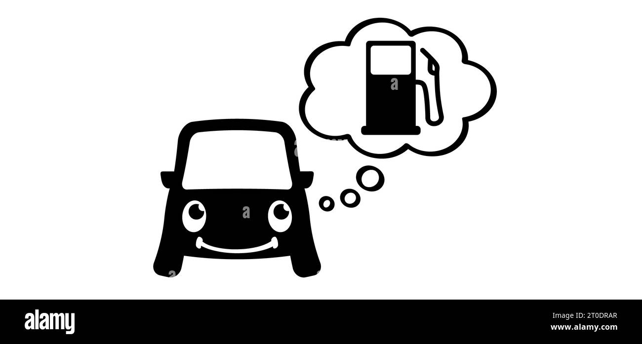 Bande dessinée, voiture de dessin animé avec des yeux, pensant au carburant ou à la station-service de remplissage. Pour l'emplacement de remplissage des véhicules. Mascotte automobile, émoticône pour garage et service Mo Banque D'Images