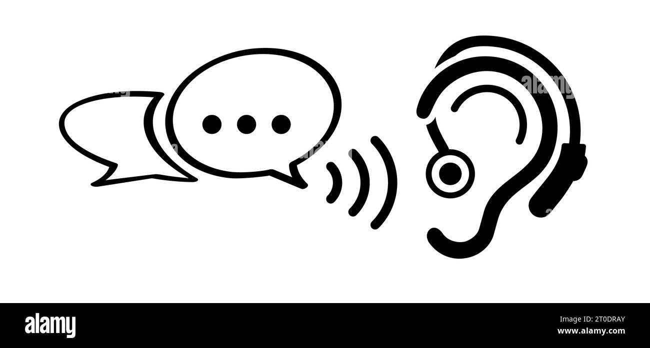 Prothèse auditive pour sourds éditable. Écoute active. Écoutez les uns les autres ou écoutez les autres ou écoutez des sons. Ouïe, icône en forme d'oreille. Icône écouteurs. Bouchons d'oreilles. Bouchon f Banque D'Images