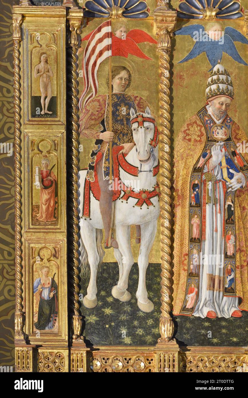 Belforte del Chienti (Italie, Marches - province de Macerata), église de Sant'Eustachio. Giovanni Boccati, Polyptyque, 15e siècle. (Détail du côté gauche, Sant'Eustachio à cheval), 1468 Banque D'Images