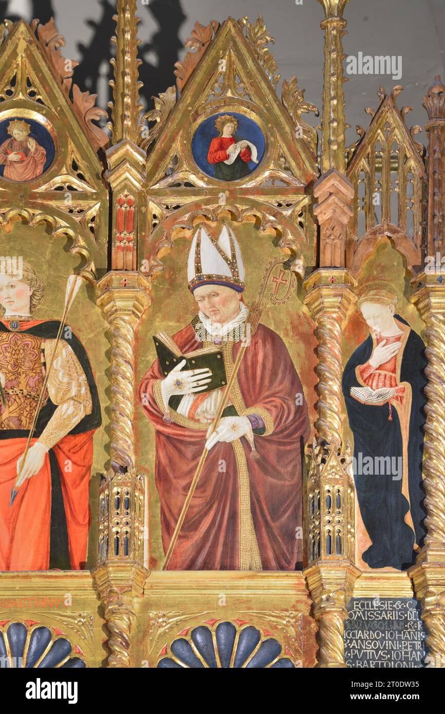 Belforte del Chienti (Italie, Marches - province de Macerata), église de Sant'Eustachio. Giovanni Boccati, Polyptyque, 15e siècle. (Détail du côté droit de l'ordre supérieur, San Eleuterio), 1468 Banque D'Images
