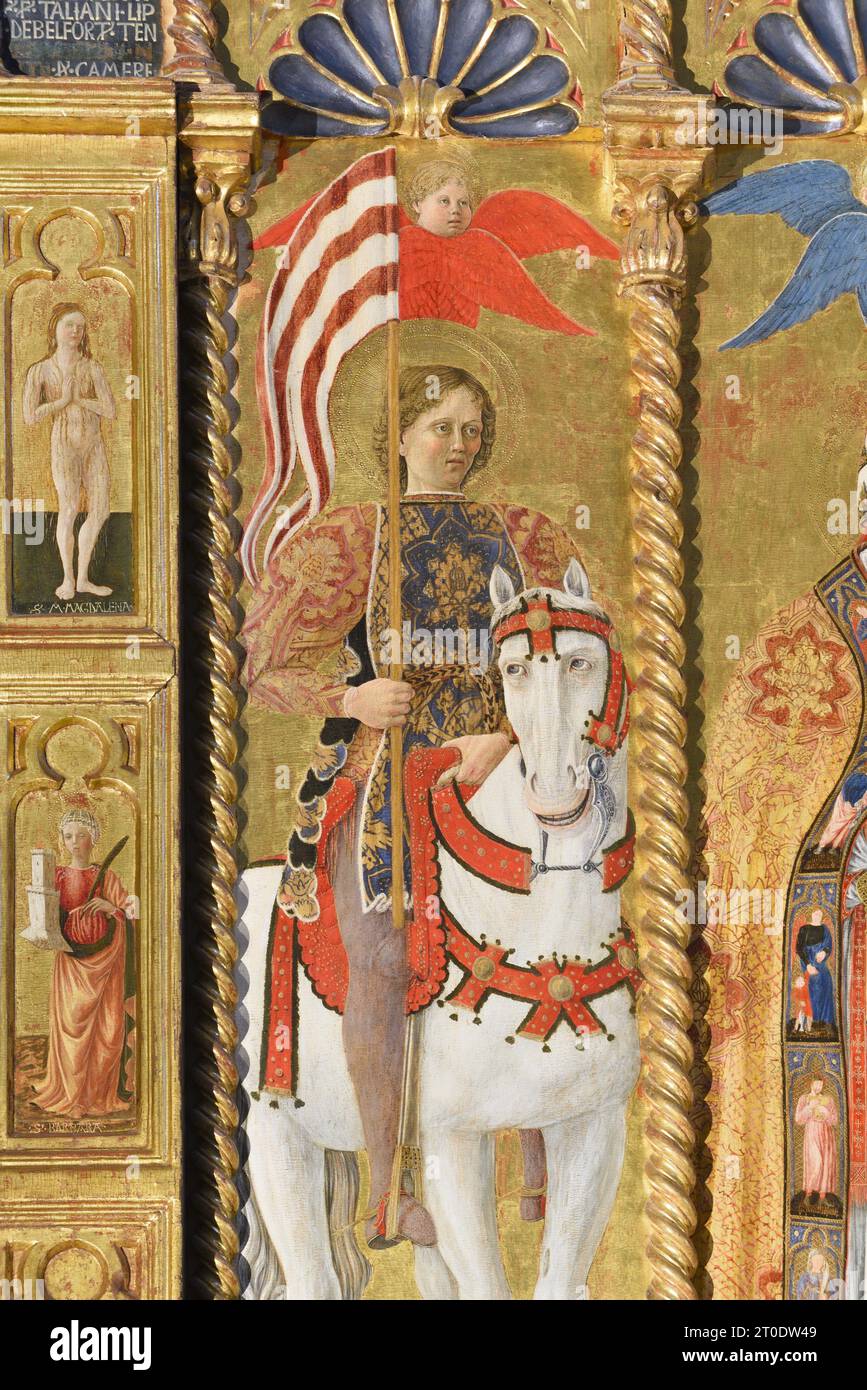Belforte del Chienti (Italie, Marches - province de Macerata), église de Sant'Eustachio. Giovanni Boccati, Polyptyque, 15e siècle. (Détail du côté gauche, Sant'Eustachio à cheval), 1468 Banque D'Images