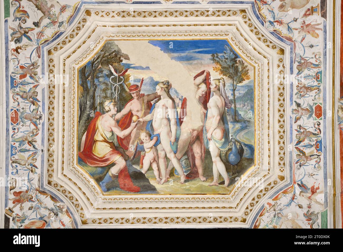 Piobbico (Italie, Marches - province de Pesaro-Urbino), Château de Brancaleoni, appartement noble, Camera Greca, la chambre du comte Antonio II, cycle de fresques avec des épisodes de la mythologie grecque (jugement de Paris) et décorations en stuc de l'atelier de Federico Brandani Banque D'Images