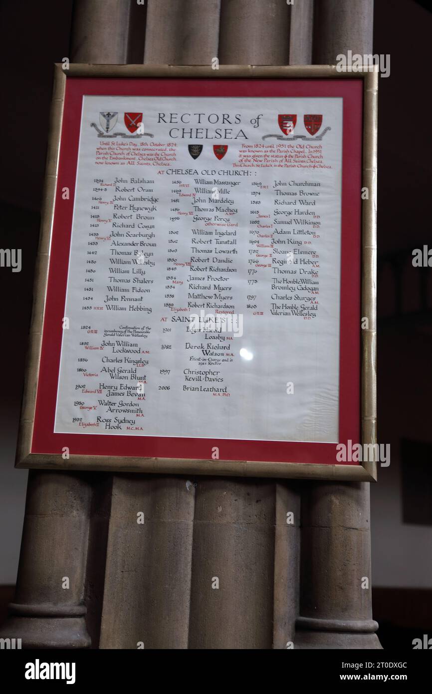 St Luke's Church liste des recteurs de Chelsea Sydney Street Chelsea Londres Angleterre Banque D'Images