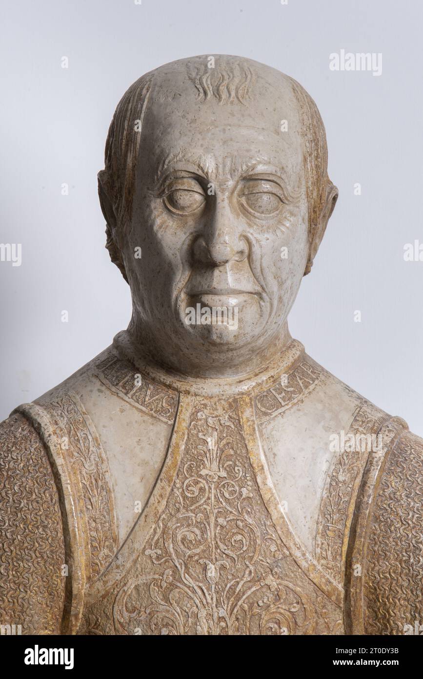 Camerino (Italie, Marches - province de Macerata), sculpteur italien du Nord (Rocco da Vicenza), buste de Giulio Cesare Da Varano, deuxième décennie du 16e siècle, du Palazzo Ducale Banque D'Images