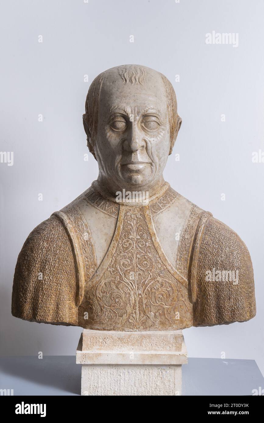 Camerino (Italie, Marches - province de Macerata), sculpteur italien du Nord (Rocco da Vicenza), buste de Giulio Cesare Da Varano, deuxième décennie du 16e siècle, du Palazzo Ducale Banque D'Images