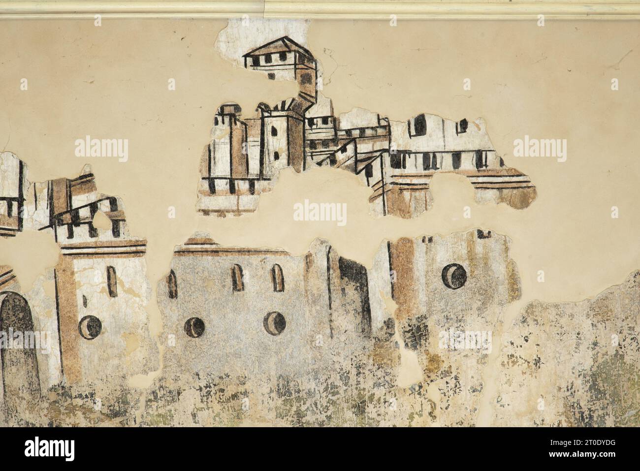 Esanatoglia (Italie, Marches - province de Macerata), Hôtel de ville (ancien palais des ducs de Camerino, le Da Varanos). Sala del Belvedere, cycle de fresques avec un sujet 'courtois', datable de la seconde moitié du 15e siècle, artiste inconnu Banque D'Images