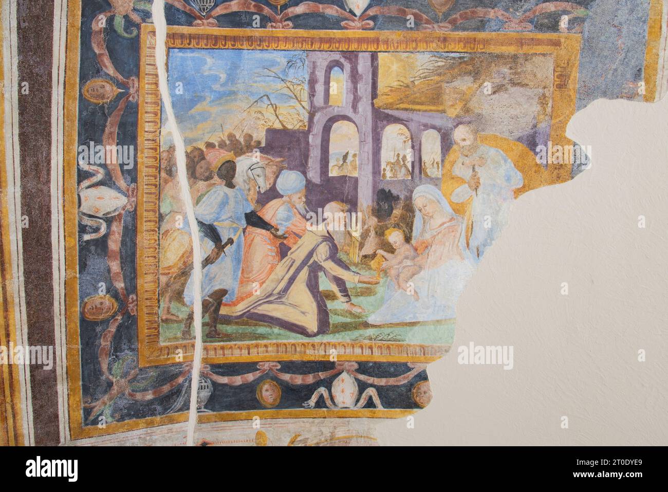 Esanatoglia (Italie, Marches - province de Macerata), Oratorio le Coffins, Nativité et adoration des Mages (fresque détachée) de Francesco de Magistris datable du début du 16e siècle Banque D'Images