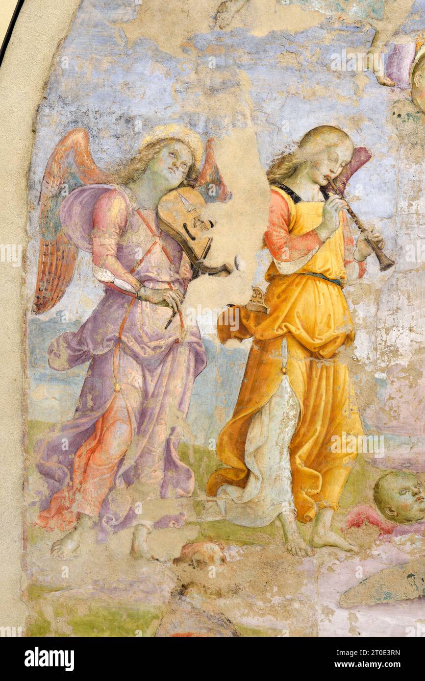 Panicale (Italie, Ombrie, province de Pérouse), église San Sebastiano. Madonna and Child, musicien Anges et Saints Augustin et Marie Madeleine, attribution à Raffaello Sanzio, fresque, vers 1504. Détails Banque D'Images