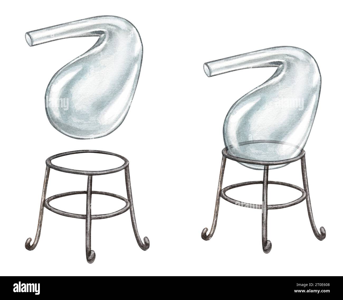 Cornue en verre sur un support. Illustration à l'aquarelle dessinée à la main de vieux équipements alchimiques. Clipart sur fond blanc sur le thème de l'alchimie, les chemis Banque D'Images