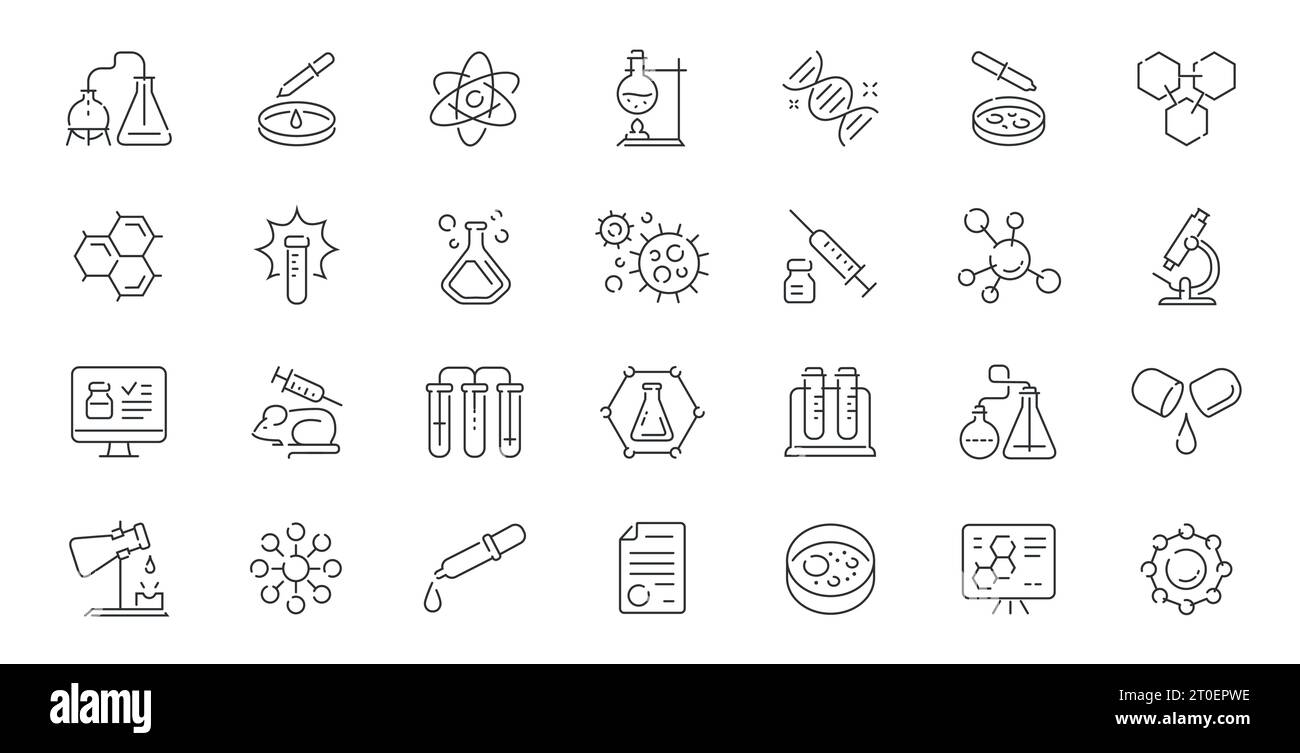 Collection de symboles et de signes de laboratoire chimique. Jeu d'icônes pharmacie et médecine. Style linéaire de contour vectoriel Illustration de Vecteur